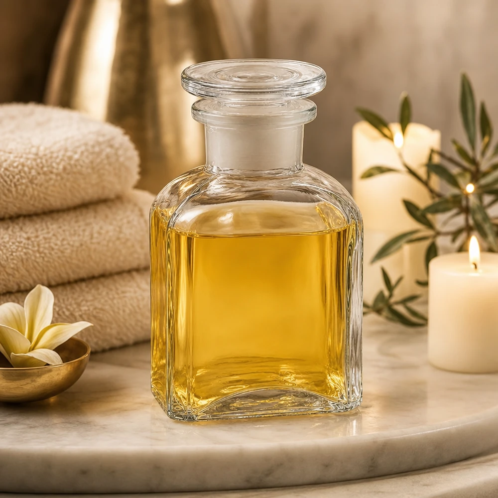 Kleine Glasflasche quadratisch 150ml mit Glasstopfen für Badeöl und Körperpflege
