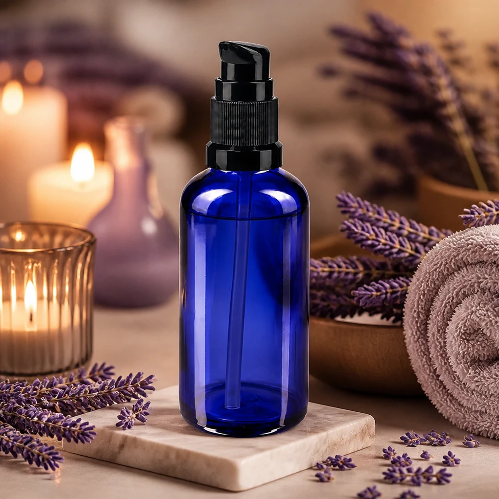 Apothekenflasche blau 50ml PumpVerschluss schwarz Standard Kobaltblaue Glasflasche 50ml mit Dosierpumpe umgeben von Lavendelblüten und Kerzen