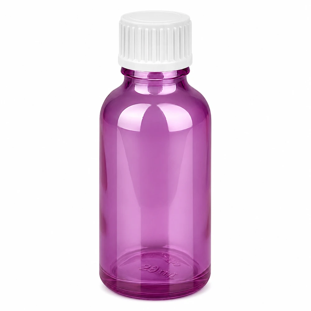 30ml (Globuli)Flasche.. 3mm Giessring weiß Standard PurpleLine. UT18/30 Hochwertige Glasflasche 30ml in glänzendem Violett für Seren Öle und flüssige Kosmetikprodukte