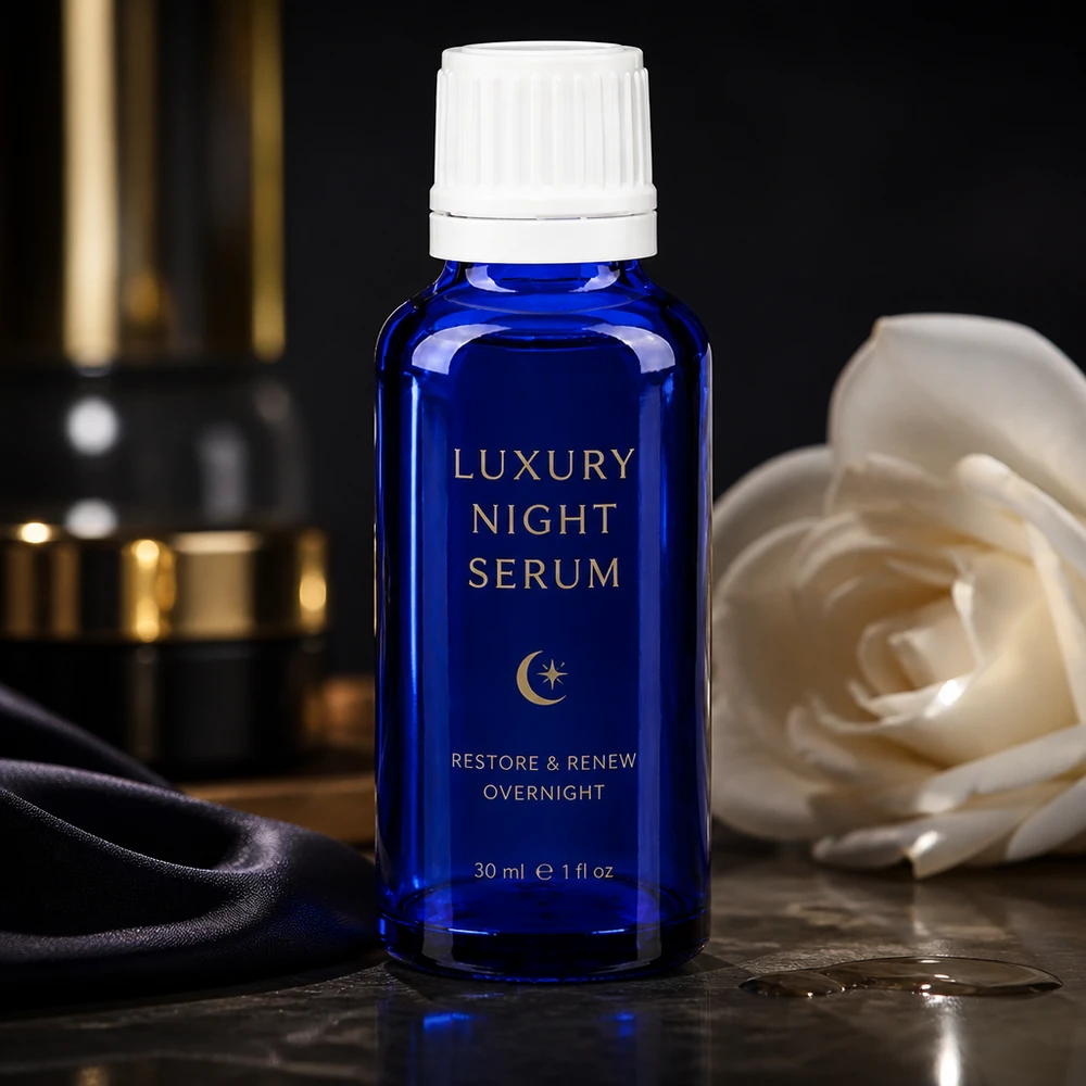 Kobaltblaue Pharmaflasche 30ml mit 0,7mm Tropfeinsatz neben weißer Rose auf dunklem Untergrund