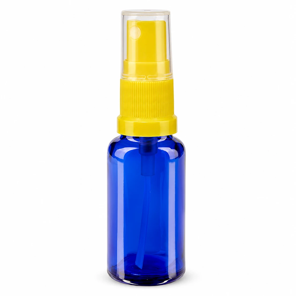 Apothekenflasche blau 20ml Sprayaufsatz gelb Kleine blaue Apothekerflasche 20ml aus Glas mit gelbem Pumpsprayer und Sicherheitskappe