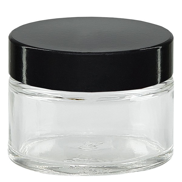 Glastiegel 15ml klar, mit schwarz. Bakelit Deckel Glastiegel 15ml klar, mit schwarz. Bakelit Deckel