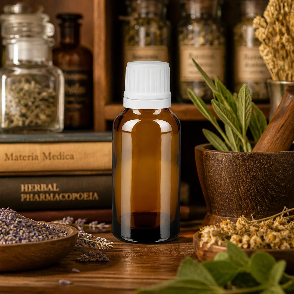 Lichtschutzflasche 20ml mit weißem Kindersicherheitsverschluss vor Materia Medica und Herbal Pharmacopoeia