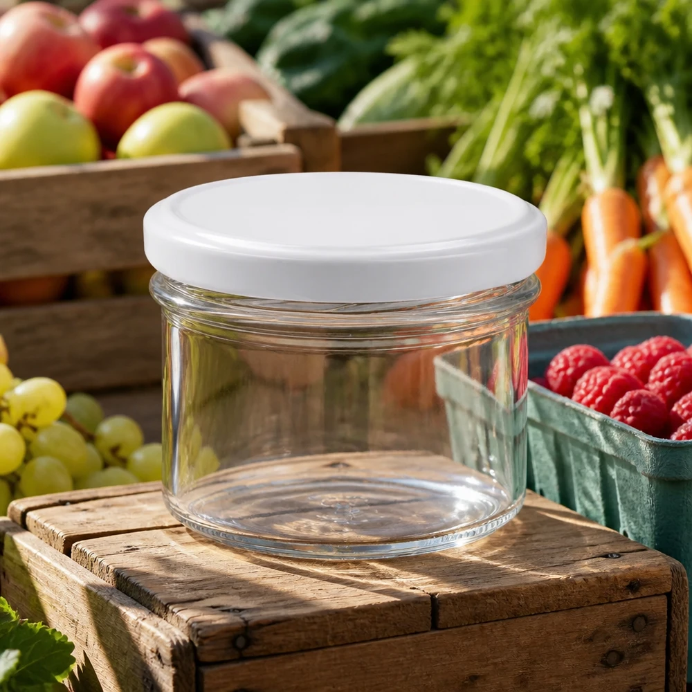 225ml Sturzglas mit BasicSeal Deckel weiß UNiTWIST 225ml Sturzglas leer mit weißem Deckel auf Holzkiste zwischen frischem Obst und Gemüse vom Markt