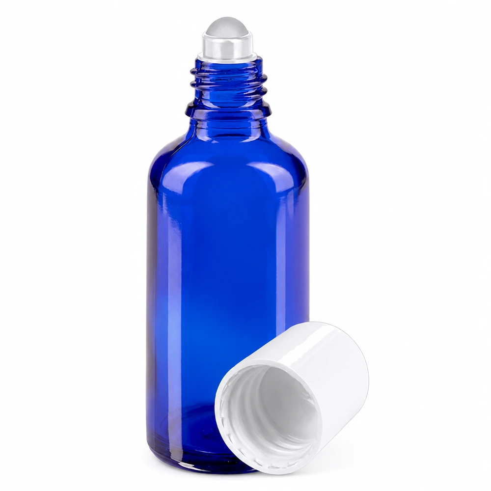 Apothekenflasche blau 50ml Roll-On Verschluss weiß Blaue Glasflasche 50ml mit Roll-On Auftragskugel und weißem Schraubdeckel für ätherische Öle