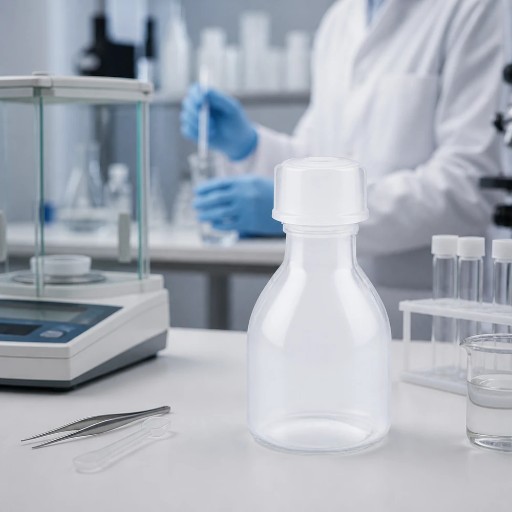 Kompakte 20ml Enghals Laborflasche aus Kunststoff auf weißer Arbeitsfläche im Reinlabor