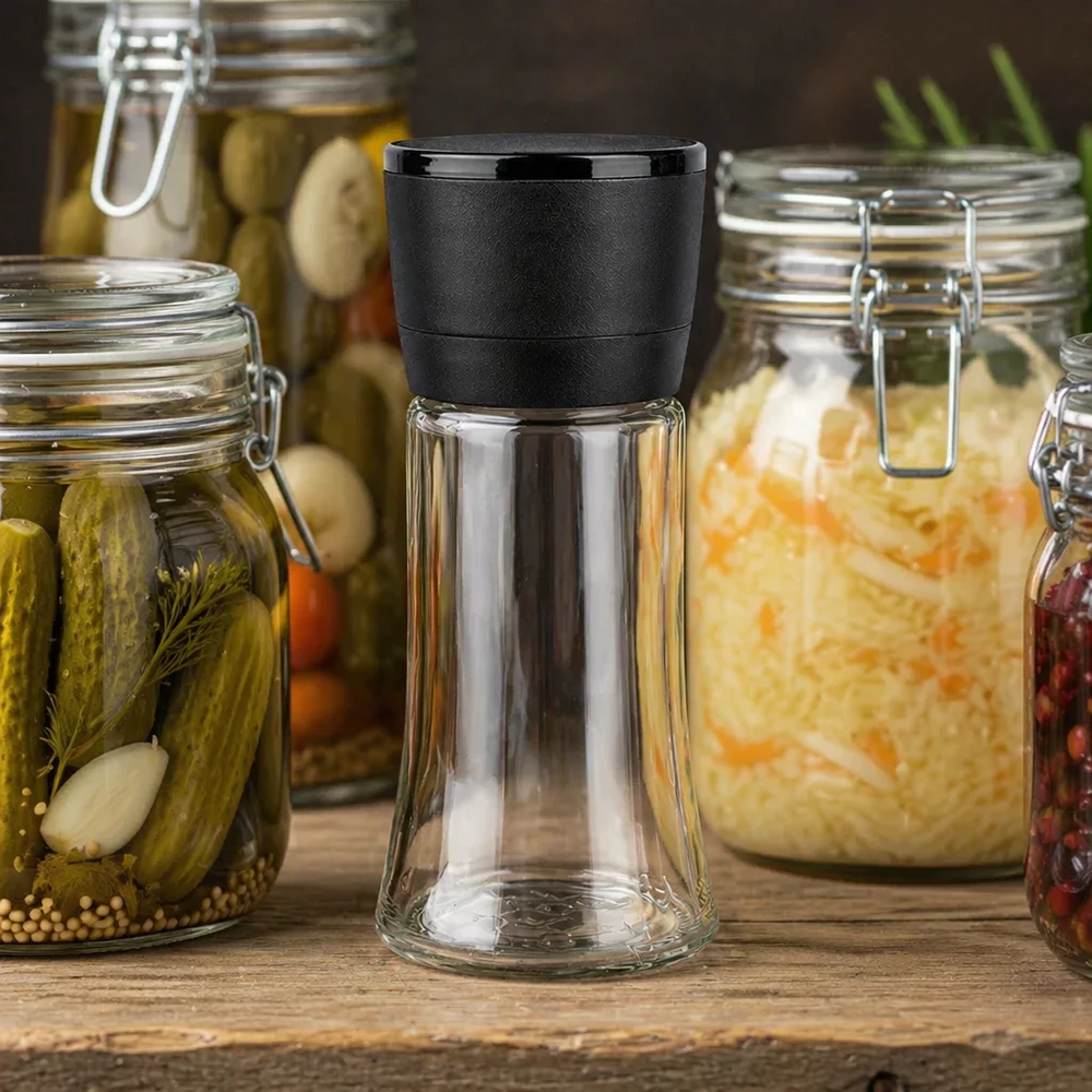 Salz-/Gewürzglas 95ml mit Mühle Vario schwarz Glasgewürzmühle Vario schwarz 95ml mit trichterförmigem Glasbehälter auf Holzuntergrund