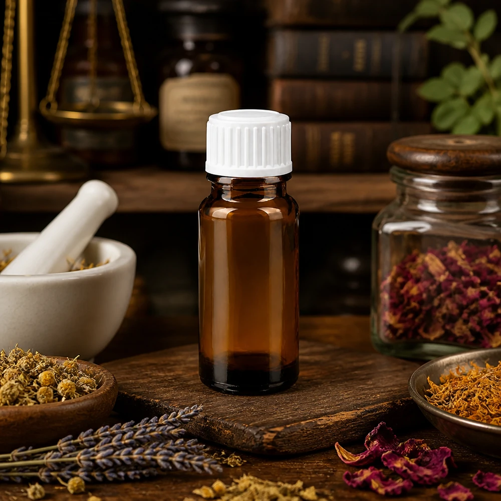 Apothekenflasche braun 10ml Schraubverschluss weiß Standard UV-Schutz Braunglasflasche 10ml weißer Verschluss zwischen Trockenblumen und Heilkräutern