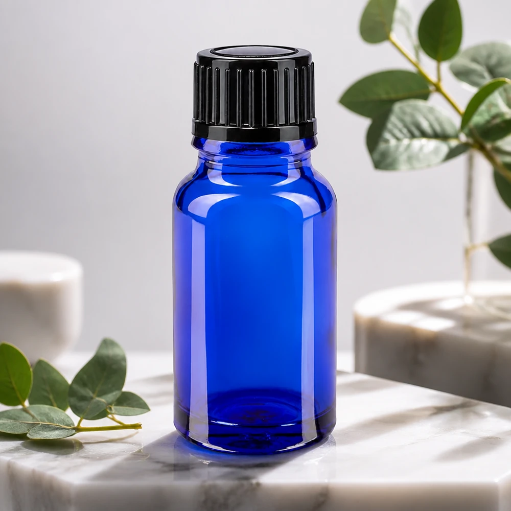 Apothekenflasche blau 10ml Schraubverschluss schwarz Standard Blaue Tropfflasche 10ml Apoglas UV-Schutz Glas SV STD schwarz für Naturkosmetik