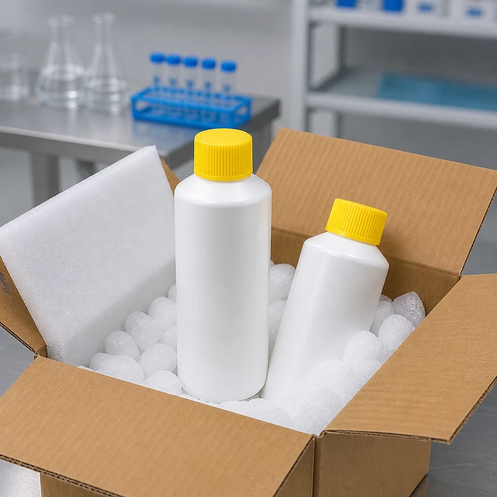 Weiße Rundflaschen HDPE 100ml gelber SV stoßsicher in Styroporkugeln und Schaumstoff verpackt