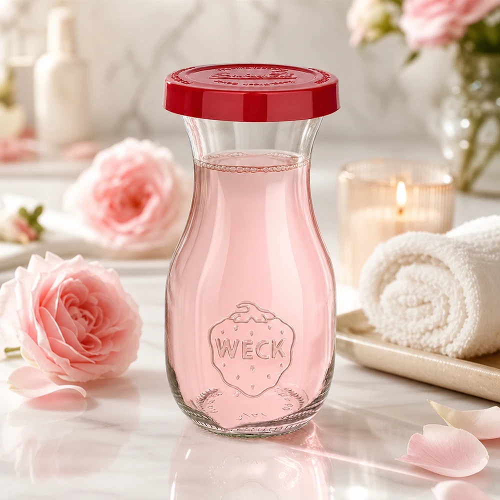 Stilvolle WECK Saftflasche mit klassischem Milchflaschen-Design und rotem Akzent für die moderne Küche