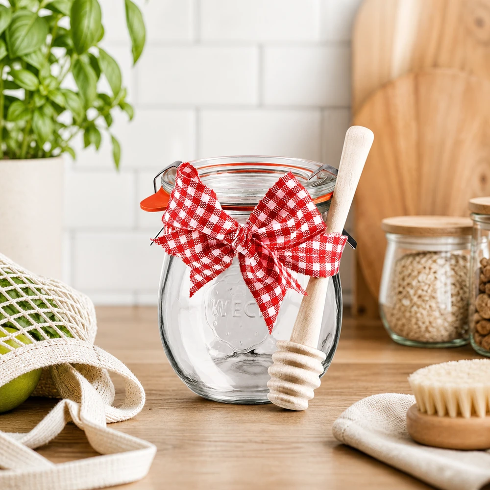 WECK-Mini-Tulpenglas 220ml komplett mit Honiglöffel WECK Mini-Tulpenglas 220ml in nachhaltiger Küche mit Holz-Honiglöffel, rot-weißer Schleife und Öko-Zubehör