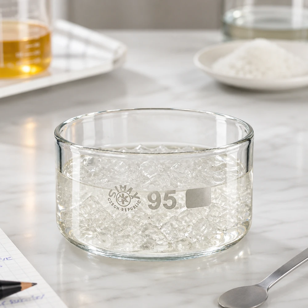 300ml Kristallisierschale ohne Ausguss Borosilikat ø95mm Simax 95mm Kristallisierschale auf Marmoroberfläche neben Becherglas und weißem Pulver Labor