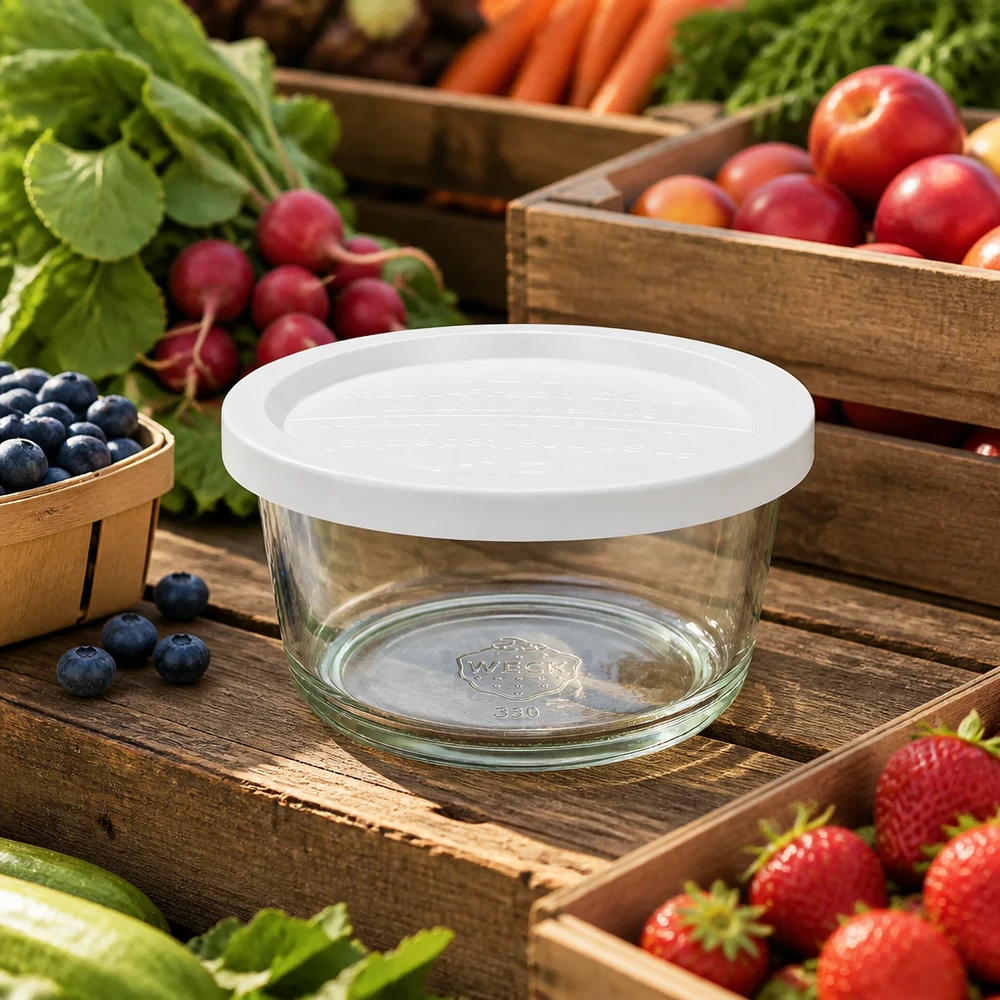 WECK Gourmetglas 450ml RR120 mit Frischhaltedeckel inmitten frischer Früchte und Gemüse auf Holzkisten