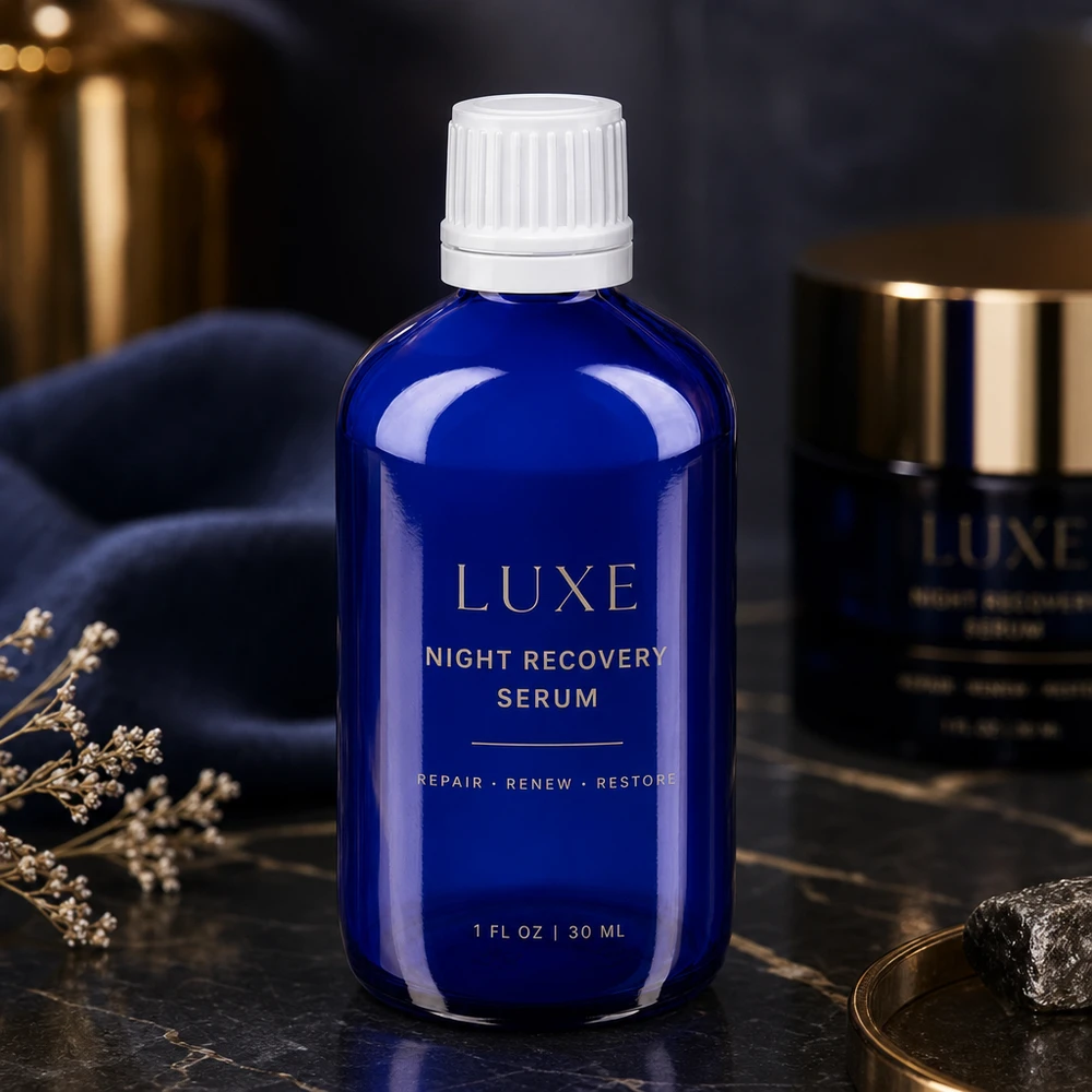 Blaue 100ml Glasapothekerflasche mit OV-Verschluss 11mm auf dunklem Marmor mit Trockenblumen