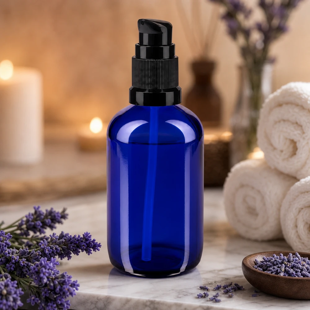 Apothekenflasche blau 100ml PumpVerschluss schwarz Standard Blaue Apothekerglas Flasche 100ml mit Dosierpumpe umgeben von Lavendelblüten und Kerzen