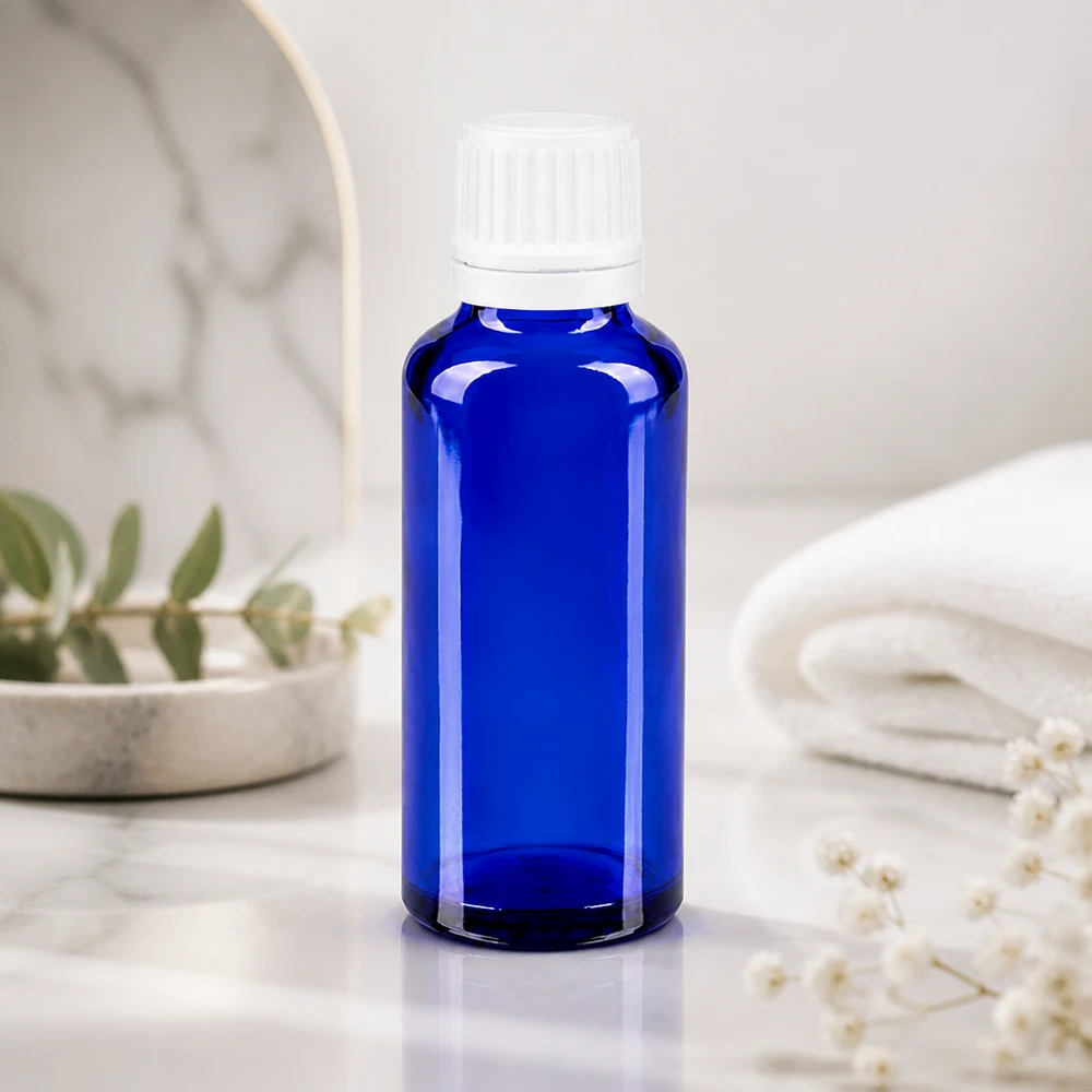 Apothekenflasche blau 30ml Tropfverschluss 1.2mm weiß Originalitätsverschluss Kobaltblaues Fläschchen 30ml mit weißem Schraubverschluss für Naturkosmetik und Aromatherapie