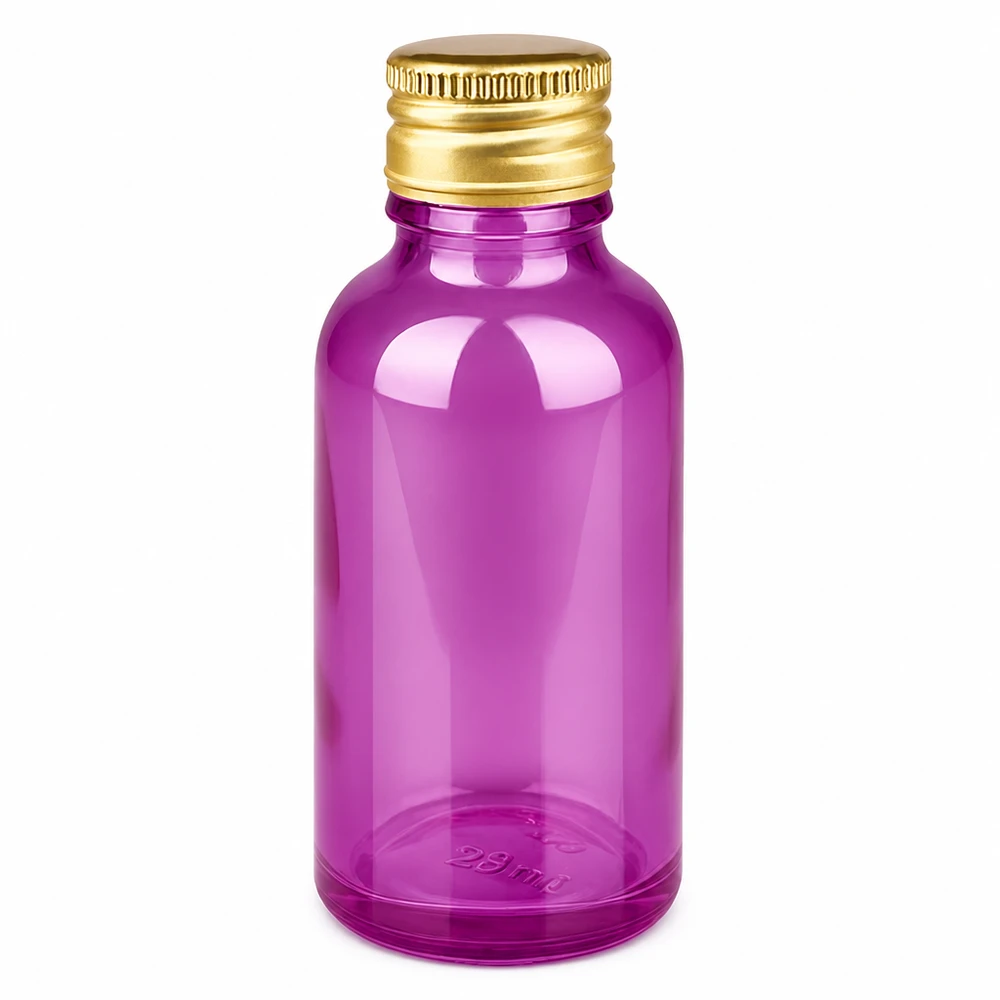 30ml Flasche 11mm Schraubverschluss Alu-Gold Standard PurpleLine. UT18/30 Hochwertige Glasflasche mit Alu-Gold Verschluss in kräftigem Lila für Beauty-Produkte