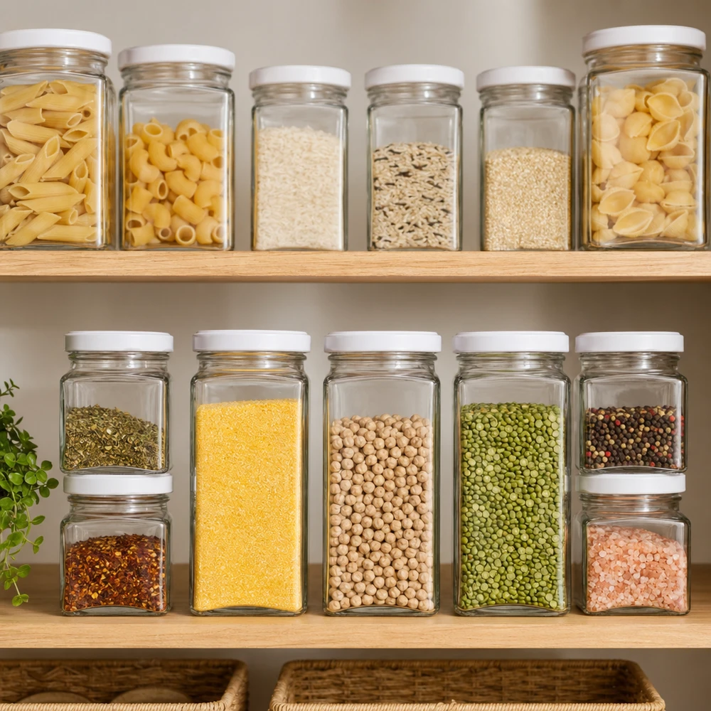 260ml Tetragläser mit weißen Deckeln gefüllt mit Nudeln Reis Getreide und Hülsenfrüchten in organisierter Vorratsschrank