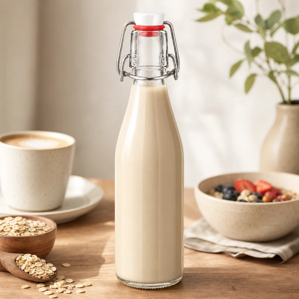 250ml Glasflasche und Bügelverschluss PVC UNiTWIST 250ml Glasflasche mit Bügelverschluss gefüllt mit Hafermilch, stilvolle Küchenszene für gesunde Ernährung und Lifestyle
