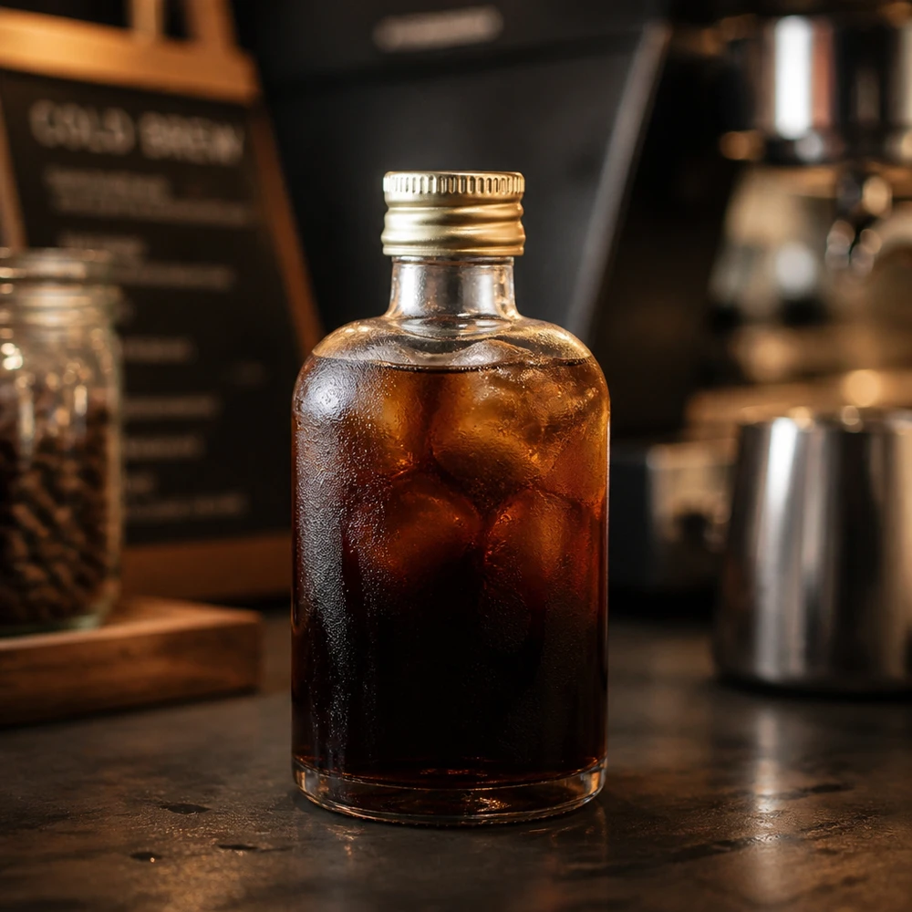 40ml Glasflasche "Sara" mit Schraubverschluss gold UNiTWIST 40ml Glasflasche Sara mit dunklem Inhalt und goldenem Verschluss - stilvolle Präsentation in professioneller Bar-Atmosph