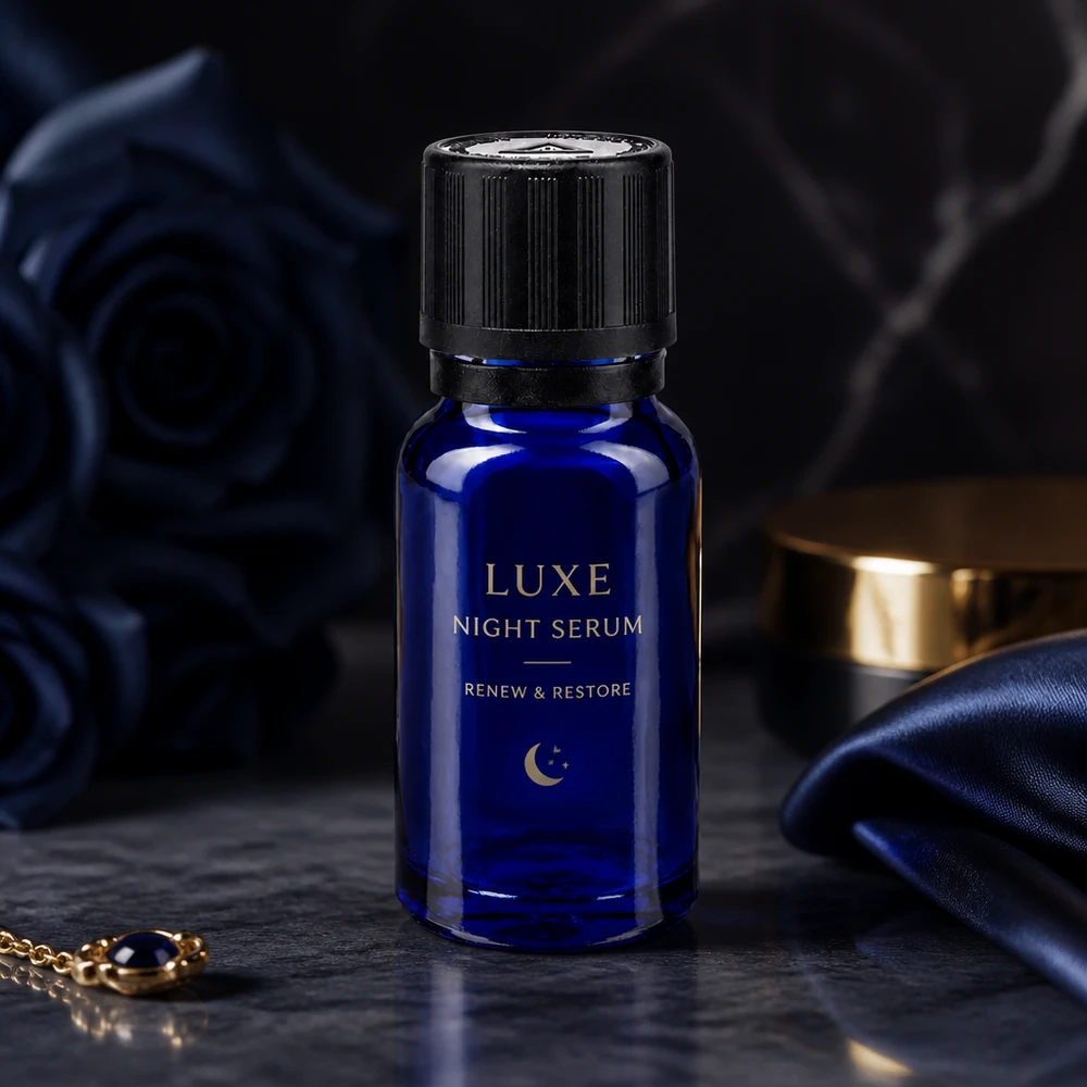 Blaue 10ml Glasflasche mit 1mm Tropfeinsatz zwischen dunklen Rosen und Seidenstoff