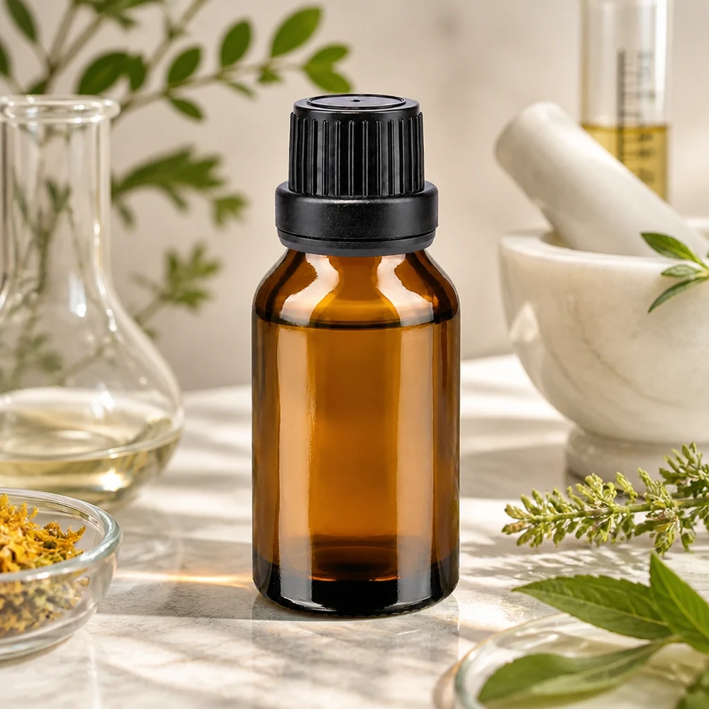 Apothekenflasche braun 15ml Schraubverschluss schwarz Dichteinlage Originalitätsverschluss Ätherisches Öl Flasche 15ml Braunglas mit Schraubverschluss in natürlicher Kräuter-Umgebung