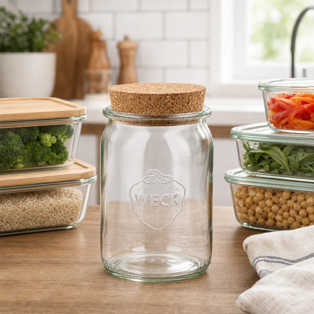 WECK 145ml Zylinderglas RR40 mit Korkdeckel in moderner Küche umgeben von Glasbehältern mit Gemüse und Hülsenfrüchten