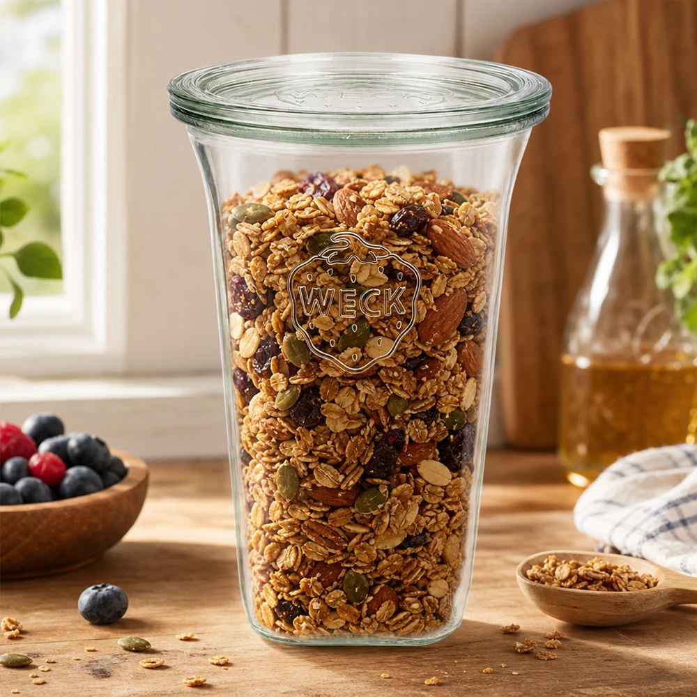 WECK 795ml Quadroglas mit Glasdeckel RR100 gefüllt mit Müsli und Nüssen als Vorratsglas in moderner Küche