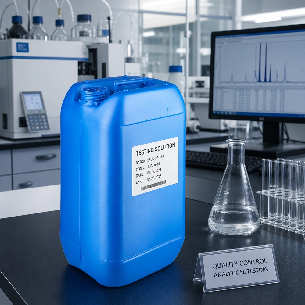 Kanister 15 Liter blau ohne Verschluss Blauer HDPE-Kanister 15 L ohne Deckel neben Erlenmeyerkolben und Reagenzgläsern im Labor
