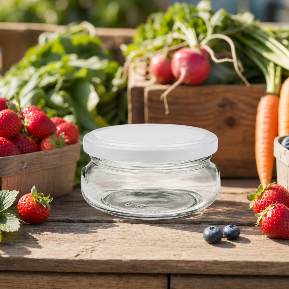 120ml Terrinenglas mit BasicSeal Deckel weiß UNiTWIST 120ml Terrinenglas mit weißem Deckel zwischen frischem Obst und Gemüse auf rustikalem Holztisch