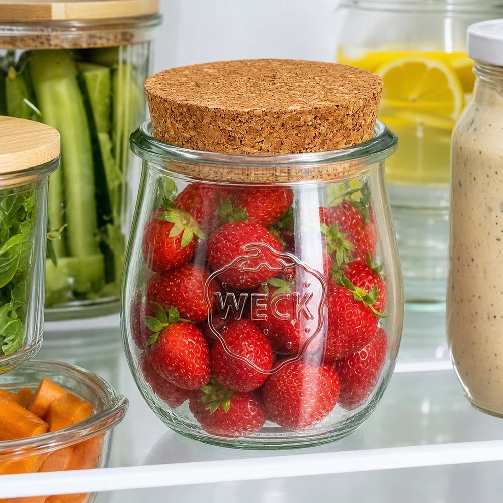 WECK Tulpenglas 220ml mit Korkdeckel zur Aufbewahrung frischer Erdbeeren im Kühlschrank zwischen anderen Vorratsgläsern
