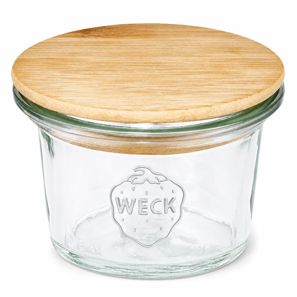 WECK Sturzglas 35ml RR40 mit Bambus Holzdeckel Mini Einmachglas transparent mit WECK Logo