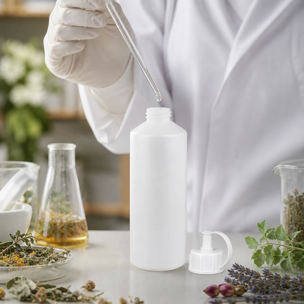 Apothekenflasche HDPE 100ml weiß mit Spritzverschluss Apothekenflasche 100ml HDPE weiss mit Pumpverschluss bei der Kosmetikproduktion mit Pflanzen