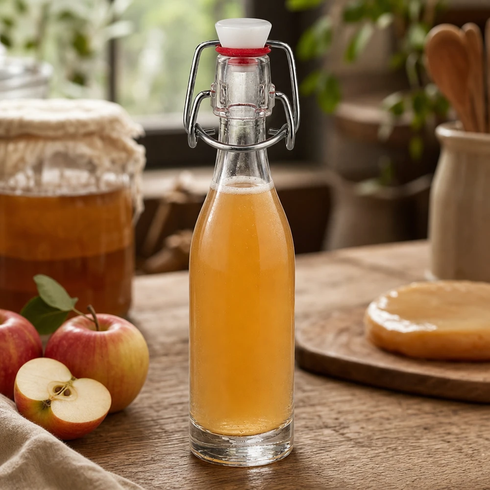 50ml Glasflasche mit Bügelverschluss gefüllt mit Apfelsaft neben frischen Äpfeln auf rustikalem Holztisch