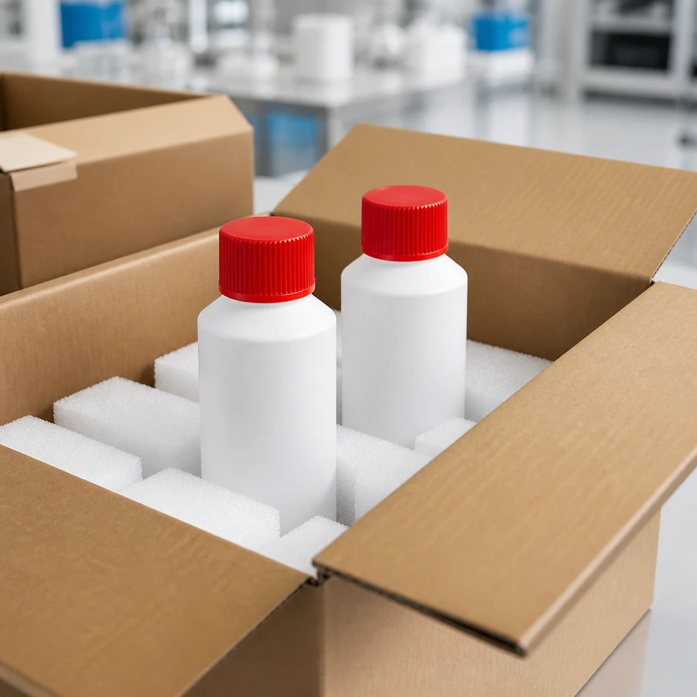 Kompakte weiße Kunststoffflasche HDPE 50ml mit kindersicherem roten Verschluss für Pharmaprodukte