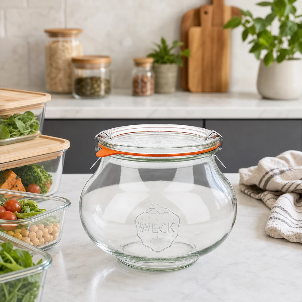 WECK Schmuckglas 1062ml leer auf Küchenarbeitsplatte mit Vorratsgläsern und Meal-Prep-Boxen Einkochwelt