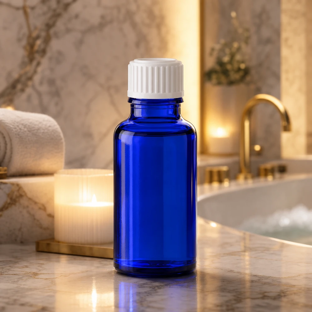 Apothekenflasche blau 20ml Schraubverschluss weiß Standard 20ml blaue Apothekerflasche SV Standard weiß 11mm neben Kerzen und Badewanne