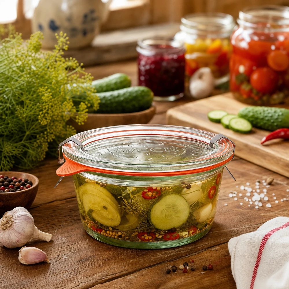 WECK Gourmetglas 450ml RR120 für Einmachen von Gurken und Gemüse in rustikaler Küche mit Gewürzen