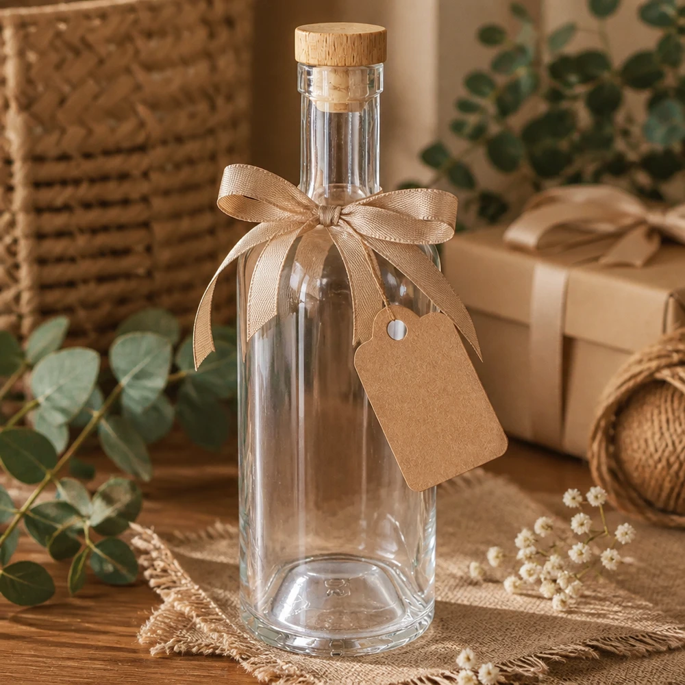 750ml Glasflasche Emma als Geschenkverpackung mit beiger Schleife und Anhänger in natürlicher Deko-Umgebung