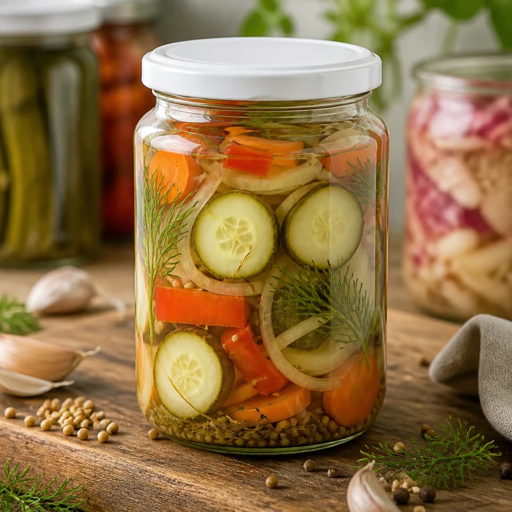795ml Rundglas mit BasicSeal Deckel weiß UNiTWIST 795ml Einmachglas gefüllt mit eingelegtem Gemüse - ideales Vorratsglas für Konservierung und Fermentation
