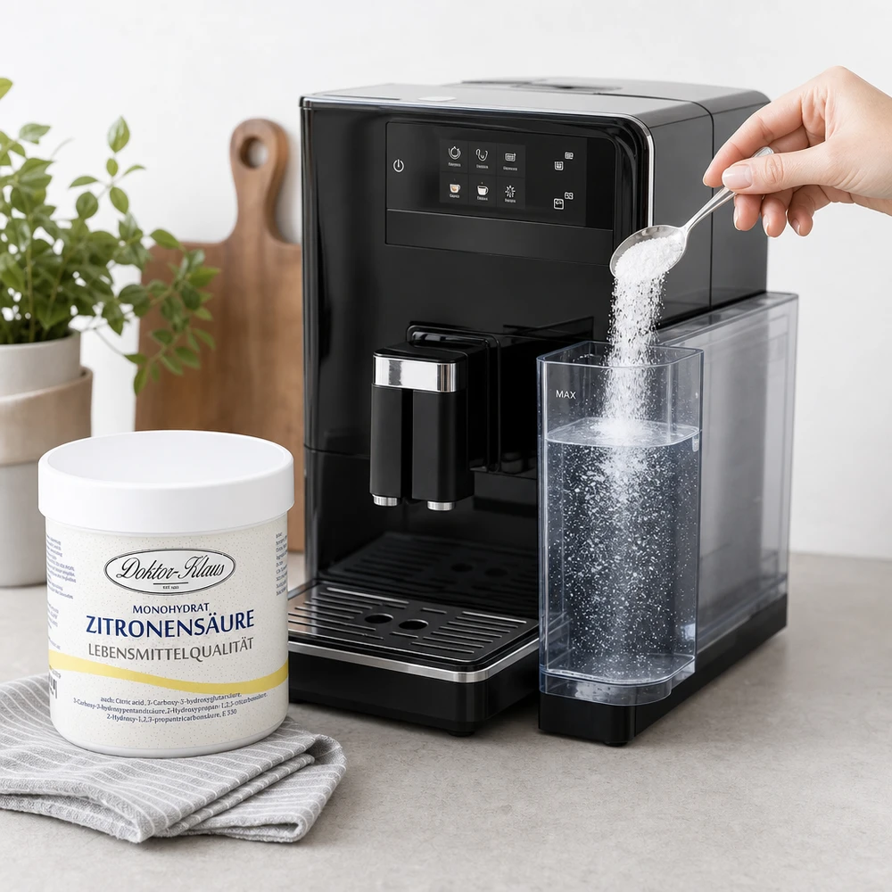Zitronensäure 250g Doktor-Klaus 250g Zitronensäure Doktor-Klaus in weißer Plastikdose neben schwarzem Kaffeeautomaten
