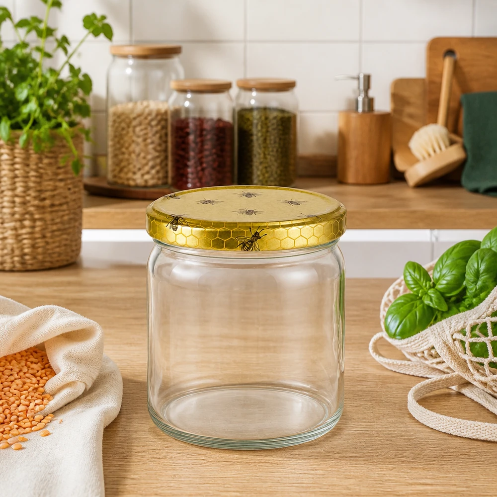 408ml Rundglas + BasicSeal Deckel Bienenwabe UNiTWIST Leeres 408ml Rundglas mit BasicSeal Bienenwaben-Deckel in nachhaltiger Küche mit Vorratsgläsern und Kräutern