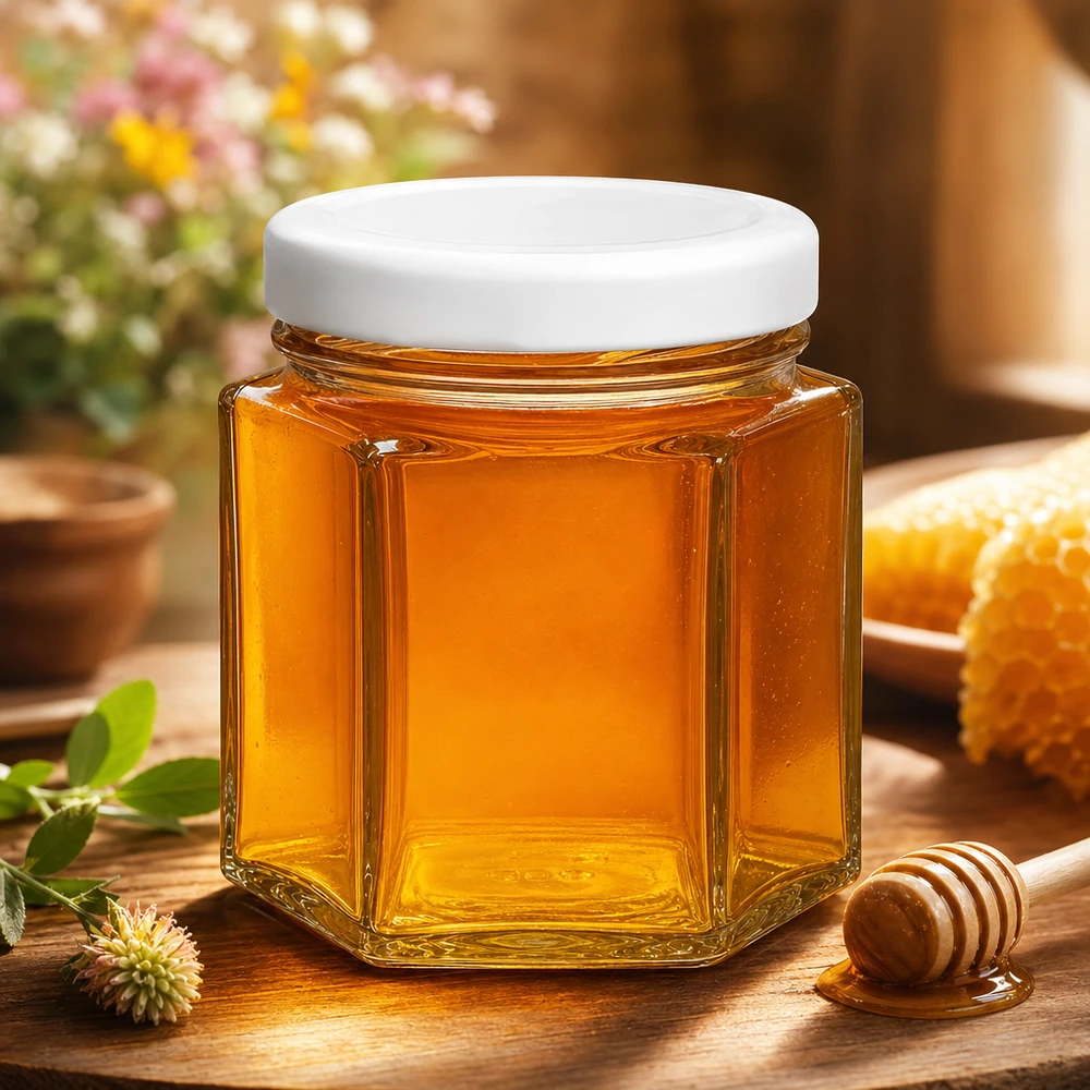 47ml Hexaglas mit BasicSeal Deckel gefüllt mit Honig neben Honiglöffel und Bienenwabe auf Holztisch