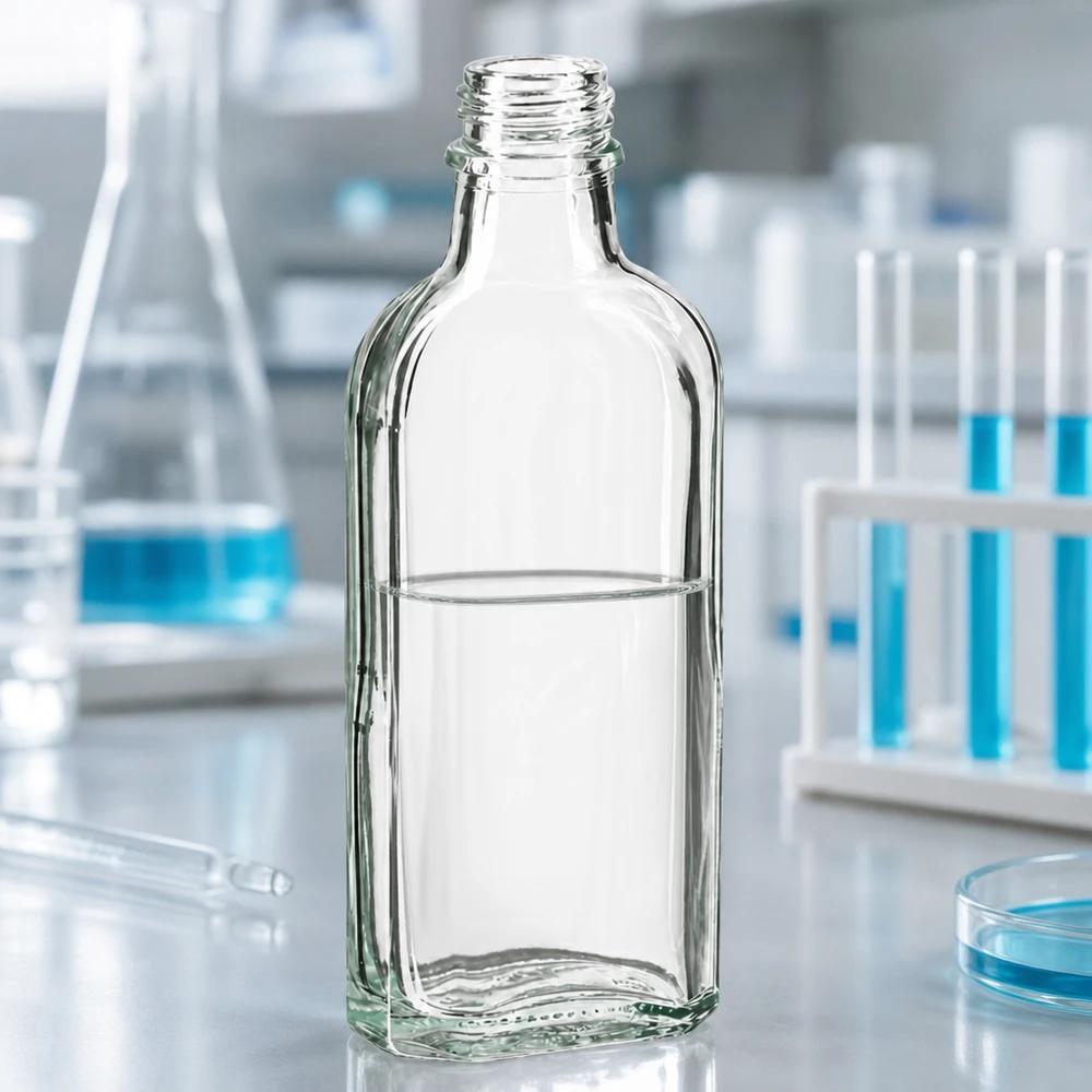 Transparente Laborflasche 100 ml Meplat mit Schraubgewinde DIN22 neben Reagenzgläsern