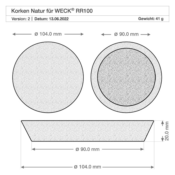 290ml Sturzglas niedrig WECK RR100 mitKorken natur Technische Zeichnung WECK Korken natur für RR100 Glas mit Maßangaben Durchmesser 104mm und 90mm Höhe 20mm