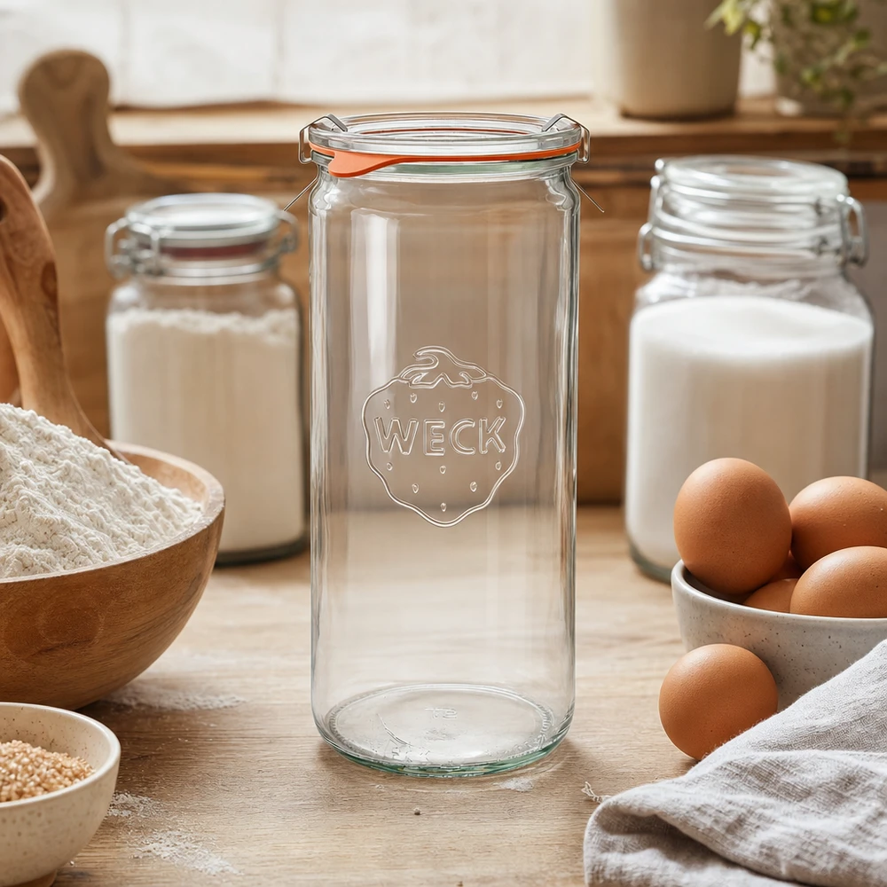 WECK 1040ml Zylinderglas RR80 leer in warmer Küche umgeben von Mehl Eiern und Milch für Backen und Kochen