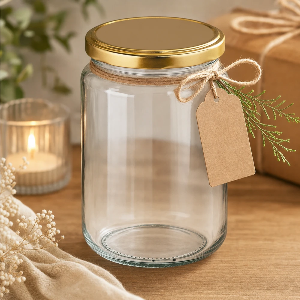 382ml Rundglas mit goldenem UNiTWIST Deckel dekorativ arrangiert mit Geschenkanhänger und Juteschnur