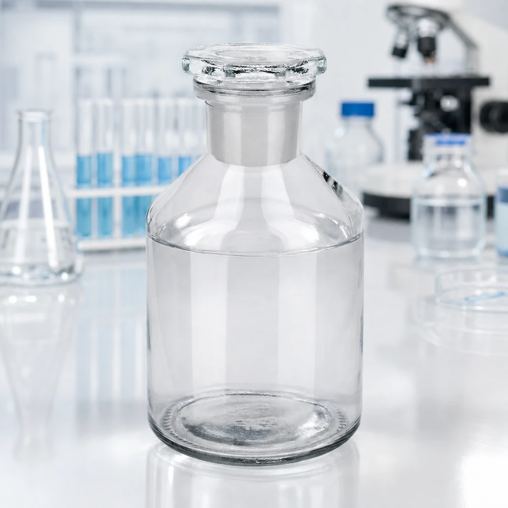 Steilbrustflasche 50ml klar Enghals Glasstopfen Steilbrustflasche 50ml klar mit massivem Glasstopfen und breitem zylindrischem Flaschenkörper