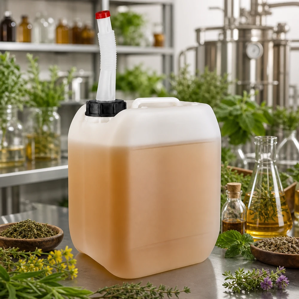 Kanister 5 Liter mit Auslaufrohr Flex Weißer Kunststoffkanister 5L mit rotem Auslaufrohr in herbalistischer Laborumgebung